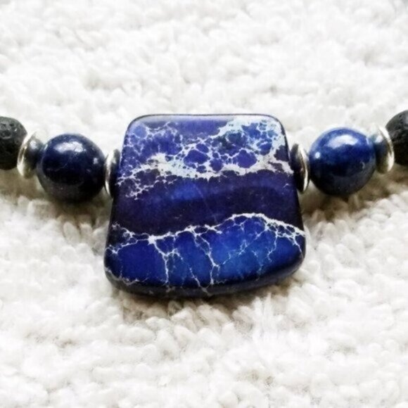 Blue Sea Sediment Jasper aka Imperial Jasper + Lapis + Lava Rock Bracelet 7.5" - Picture 1 of 8